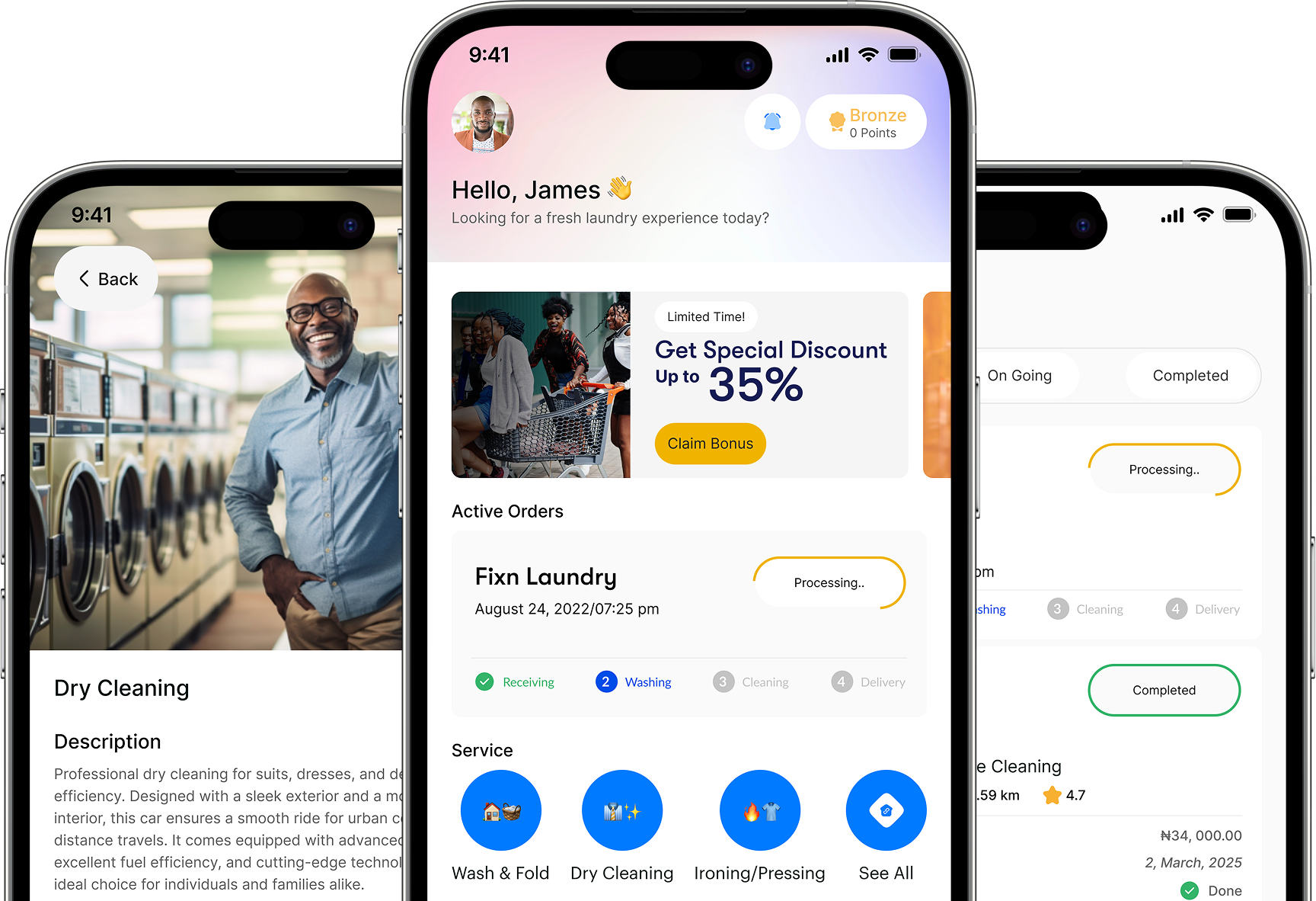 Washroom app screenshots showing laundry service interface